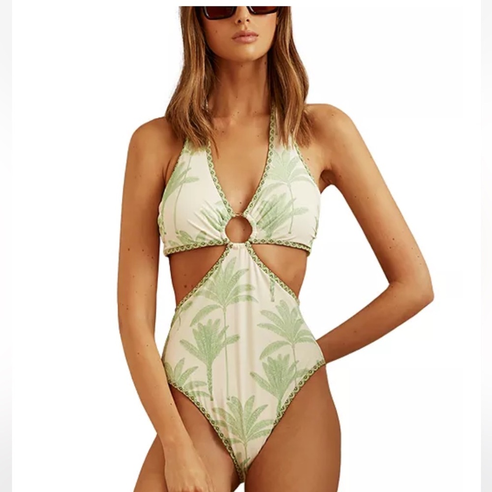 Reiss Gabriella Green Palm Print Cutout Swimsuit